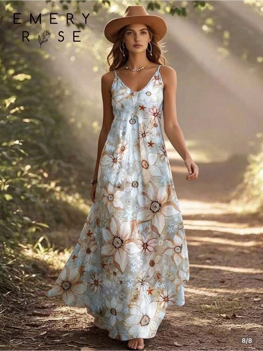 Emery Rose Women's Light Blue/tan Floral Maxi Dress size L